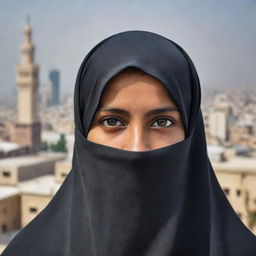 An empowered Muslim girl proudly wearing a burka. Her eyes, visible through the veil, emanate strength and determination. The background subtly suggests an everyday cityscape in a Muslim-majority country.