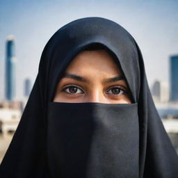 An empowered Muslim girl proudly wearing a burka. Her eyes, visible through the veil, emanate strength and determination. The background subtly suggests an everyday cityscape in a Muslim-majority country.