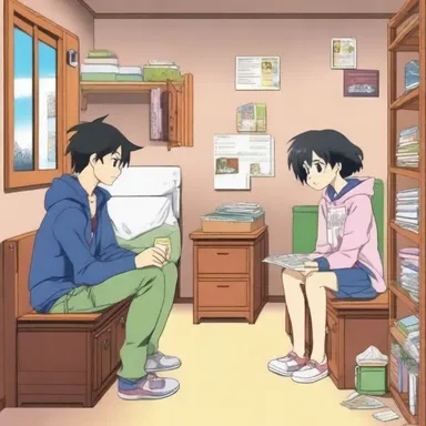 In the anime, the characters often gather in the dormitory room to discuss their adventures and plan their next moves.