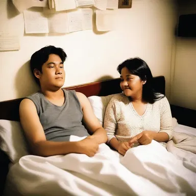 The couple spent a cozy evening together in their dormitory room, sharing stories and cuddling on the comfortable beds.