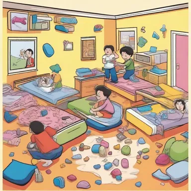 The cartoon depicted a dormitory room filled with vibrant colors and funny characters having pillow fights and playing pranks on each other.