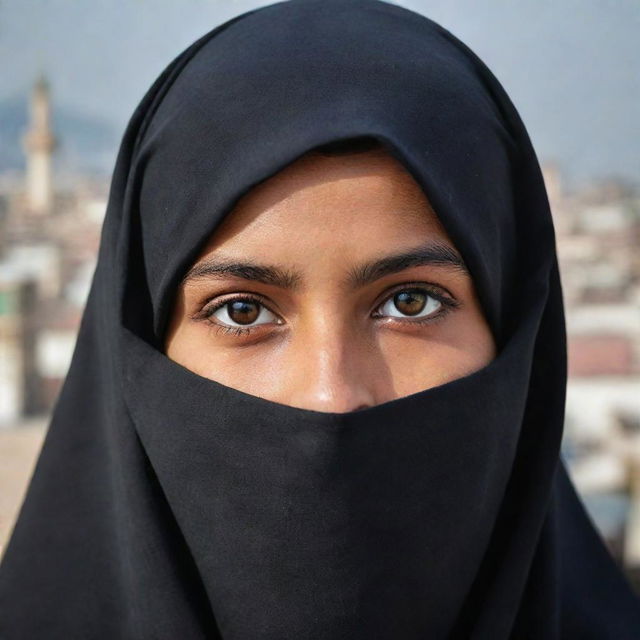 An empowered Muslim girl proudly wearing a burka. Her eyes, visible through the veil, emanate strength and determination. The background subtly suggests an everyday cityscape in a Muslim-majority country.