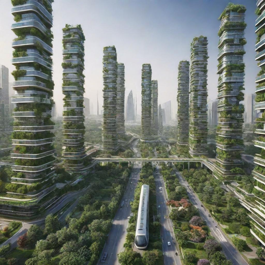 Futuristic view of cities in Pakistan in the year 2050, showcasing high-tech, eco-friendly infrastructure, advanced public transportation, and lush vertical gardens.