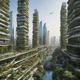 Futuristic view of cities in Pakistan in the year 2050, showcasing high-tech, eco-friendly infrastructure, advanced public transportation, and lush vertical gardens.