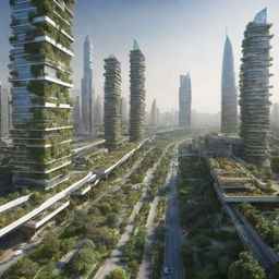 Futuristic view of cities in Pakistan in the year 2050, showcasing high-tech, eco-friendly infrastructure, advanced public transportation, and lush vertical gardens.