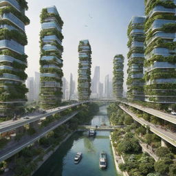 Futuristic view of cities in Pakistan in the year 2050, showcasing high-tech, eco-friendly infrastructure, advanced public transportation, and lush vertical gardens.