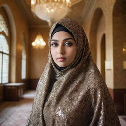 A wealthy Muslim girl in a luxurious, intricately-patterned burka. Her eyes sparkling with confidence and allure. The backdrop highlights an opulent environment like a palatial home or an upscale storefront.