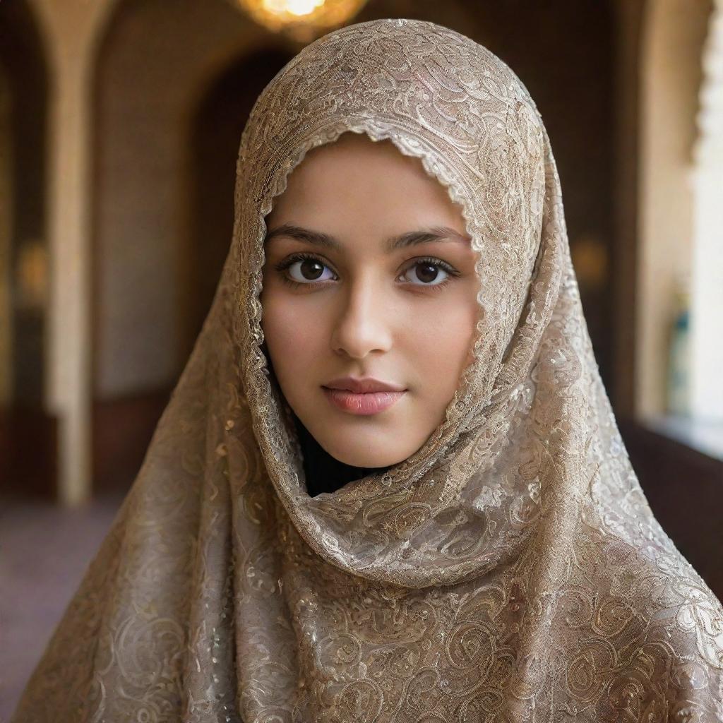 A wealthy Muslim girl in a luxurious, intricately-patterned burka. Her eyes sparkling with confidence and allure. The backdrop highlights an opulent environment like a palatial home or an upscale storefront.