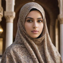 A wealthy Muslim girl in a luxurious, intricately-patterned burka. Her eyes sparkling with confidence and allure. The backdrop highlights an opulent environment like a palatial home or an upscale storefront.