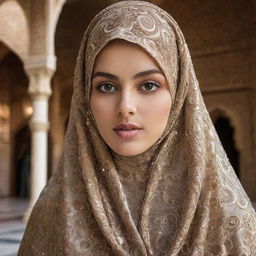 A wealthy Muslim girl in a luxurious, intricately-patterned burka. Her eyes sparkling with confidence and allure. The backdrop highlights an opulent environment like a palatial home or an upscale storefront.