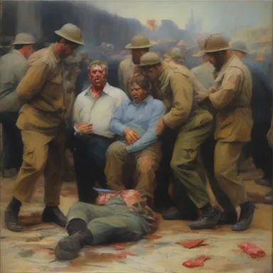 The painting depicted a scene of casualties from a car crash, capturing the emotions of the injured parties.