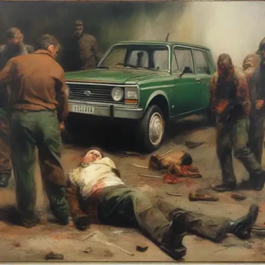 The painting depicted a scene of casualties from a car crash, capturing the emotions of the injured parties.