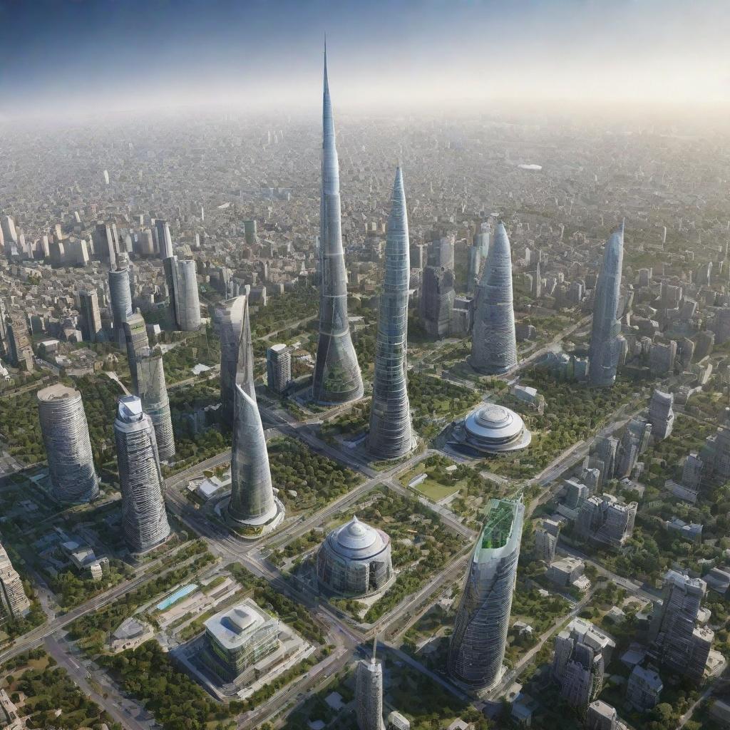 Highly advanced and futuristic depiction of Lahore in 2080 with towering skyscrapers, innovative transportation systems, and thriving green spaces amidst the city landscape.