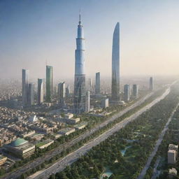 Highly advanced and futuristic depiction of Lahore in 2080 with towering skyscrapers, innovative transportation systems, and thriving green spaces amidst the city landscape.