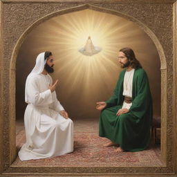 A symbolic representation of the reunion of Imam Mehdi and Jesus, showing them in a peaceful, heavenly setting, bathed in warm divine light.