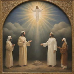 A symbolic representation of the reunion of Imam Mehdi and Jesus, showing them in a peaceful, heavenly setting, bathed in warm divine light.