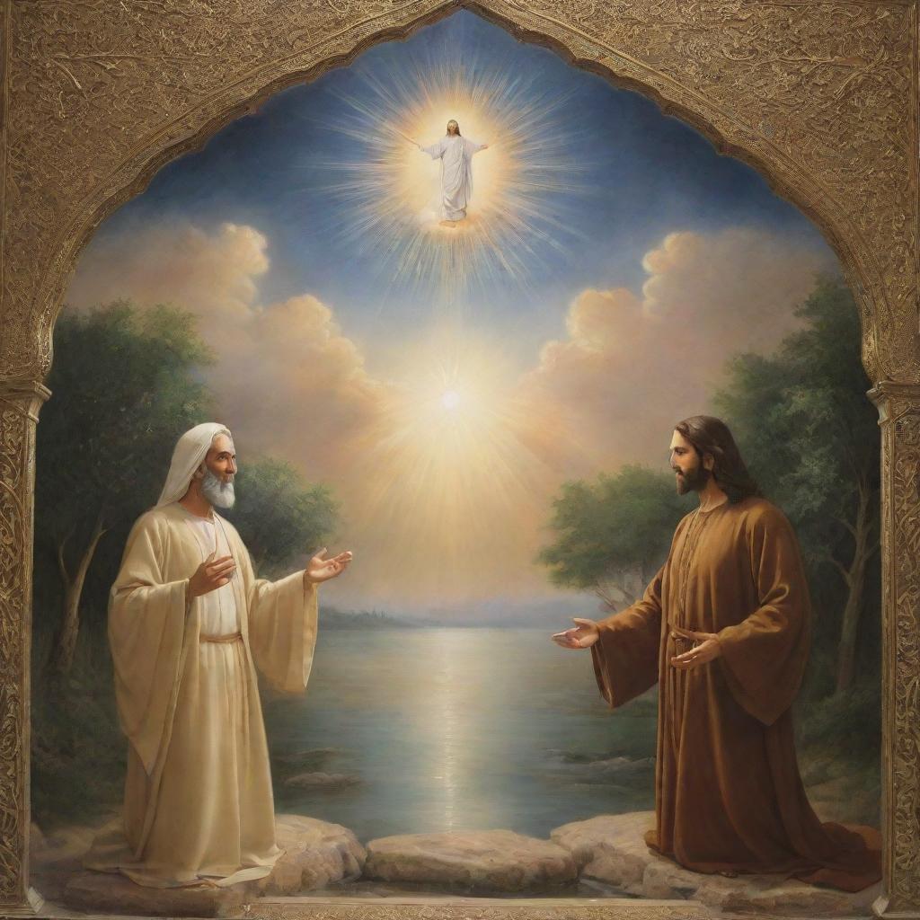 A symbolic representation of the reunion of Imam Mehdi and Jesus, showing them in a peaceful, heavenly setting, bathed in warm divine light.