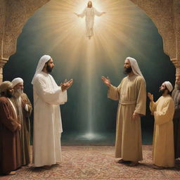 A symbolic representation of the reunion of Imam Mehdi and Jesus, showing them in a peaceful, heavenly setting, bathed in warm divine light.