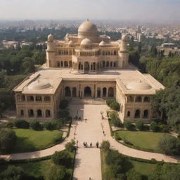 Magnificent palace of Prophet Suleman with terrified forces. The palace should be grand, golden, and surrounded by beautifully groomed gardens with his legions arrayed in front.