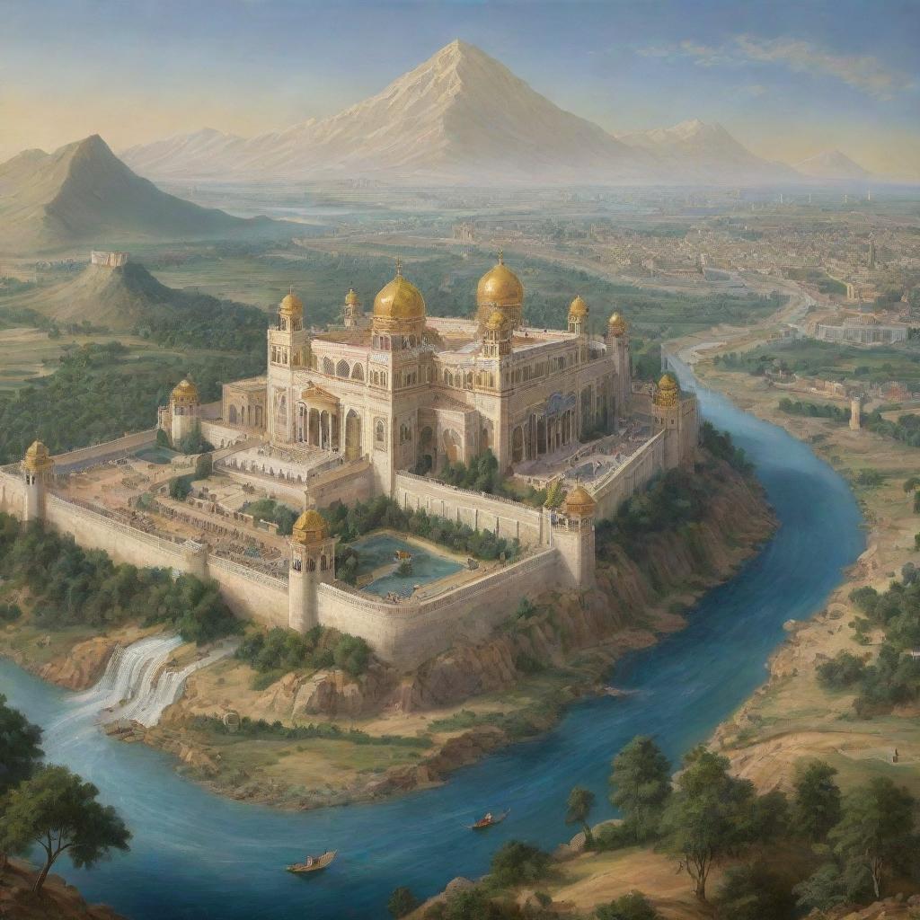 A depiction of Prophet Suleman's kingdom, showcasing a majestic and expansive landscape with a grand palace, lush gardens, flowing rivers, and his subjects in a state of joy and prosperity.