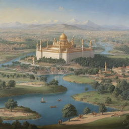 A depiction of Prophet Suleman's kingdom, showcasing a majestic and expansive landscape with a grand palace, lush gardens, flowing rivers, and his subjects in a state of joy and prosperity.