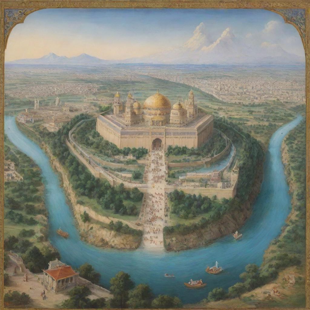 A depiction of Prophet Suleman's kingdom, showcasing a majestic and expansive landscape with a grand palace, lush gardens, flowing rivers, and his subjects in a state of joy and prosperity.