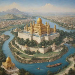 A depiction of Prophet Suleman's kingdom, showcasing a majestic and expansive landscape with a grand palace, lush gardens, flowing rivers, and his subjects in a state of joy and prosperity.