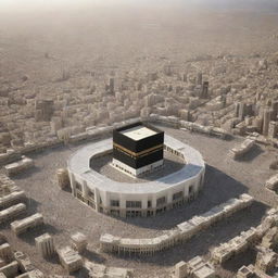 Vision of Makkah in 2050, harmoniously blending traditional architecture with futuristic elements. The Kaaba stands unaltered, amidst pioneering infrastructures and a crowd of worshippers embodying unity and devotion.