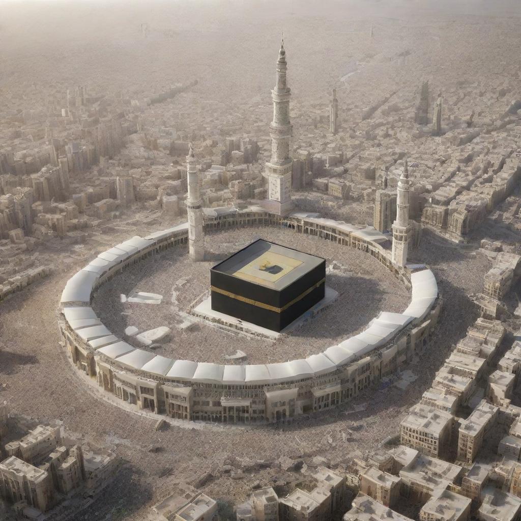 Vision of Makkah in 2050, harmoniously blending traditional architecture with futuristic elements. The Kaaba stands unaltered, amidst pioneering infrastructures and a crowd of worshippers embodying unity and devotion.