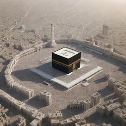 Vision of Makkah in 2050, harmoniously blending traditional architecture with futuristic elements. The Kaaba stands unaltered, amidst pioneering infrastructures and a crowd of worshippers embodying unity and devotion.