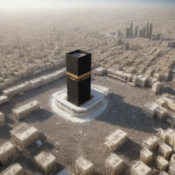 Vision of Makkah in 2050, harmoniously blending traditional architecture with futuristic elements. The Kaaba stands unaltered, amidst pioneering infrastructures and a crowd of worshippers embodying unity and devotion.