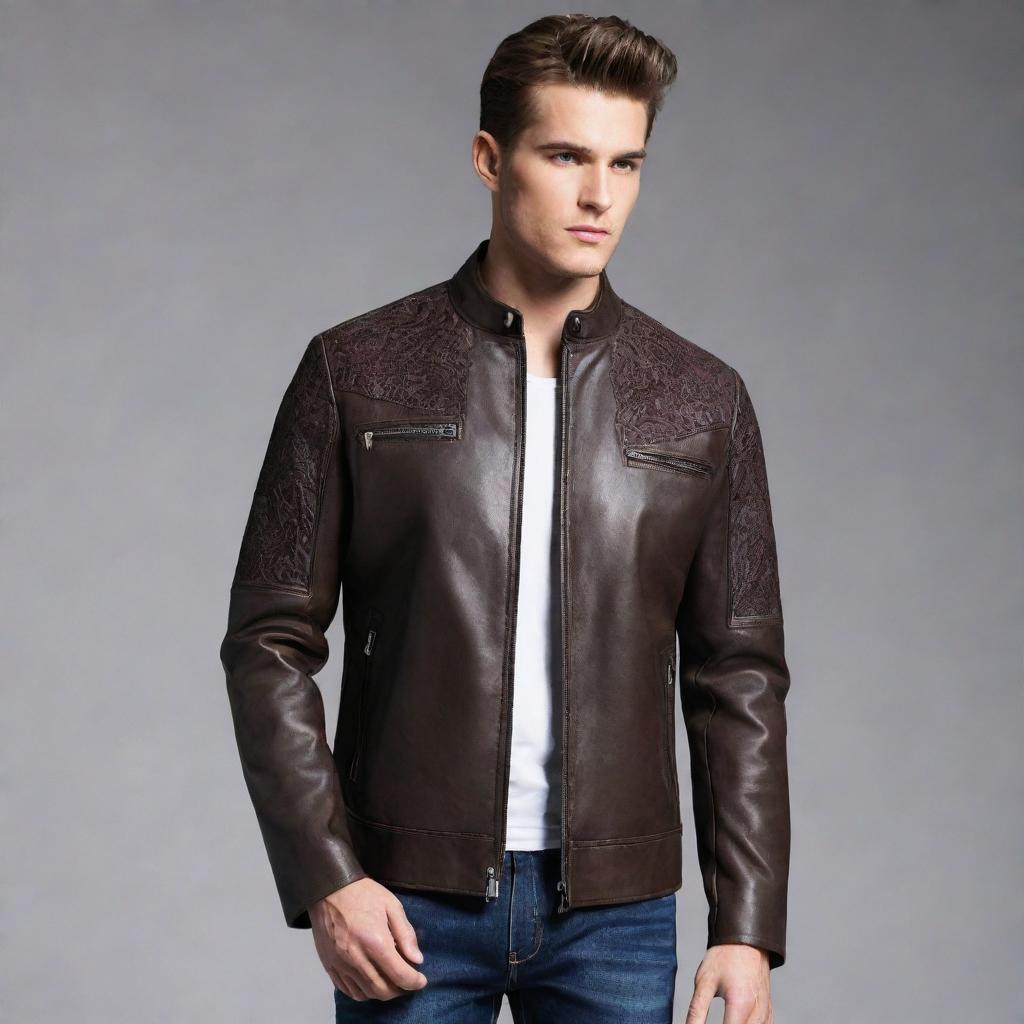 Impressive two-toned leather jacket featuring intricate design and strong texture.