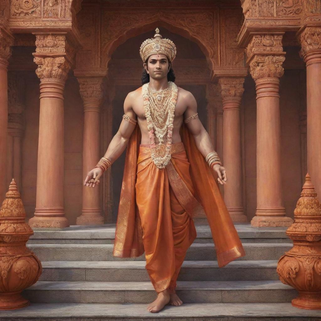 A realistic, majestic image of Lord Sri Ram in regal attire, stepping ceremoniously into Ram Mandir, a breathtakingly intricate and ornate ancient temple.