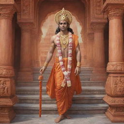 A realistic, majestic image of Lord Sri Ram in regal attire, stepping ceremoniously into Ram Mandir, a breathtakingly intricate and ornate ancient temple.