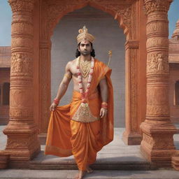 A realistic, majestic image of Lord Sri Ram in regal attire, stepping ceremoniously into Ram Mandir, a breathtakingly intricate and ornate ancient temple.