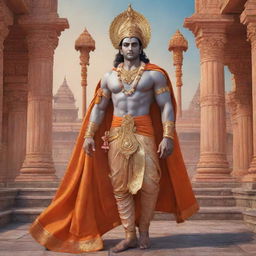 A realistic, majestic image of Lord Sri Ram in regal attire, stepping ceremoniously into Ram Mandir, a breathtakingly intricate and ornate ancient temple.