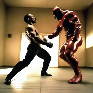 In the climactic fight scene, the hero defeats the villain by pushing himself to the limit, but in the end, he poops out and collapses from exhaustion.