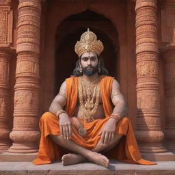 A realistic image of Lord Ram seated majestically within the breathtaking architecture of Ram Mandir.