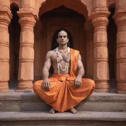 A realistic image of Lord Ram seated majestically within the breathtaking architecture of Ram Mandir.