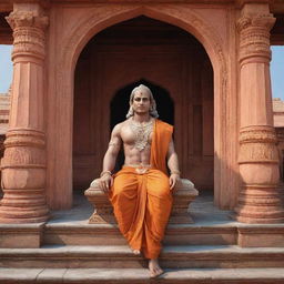 A realistic image of Lord Ram seated majestically within the breathtaking architecture of Ram Mandir.