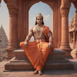 A realistic image of Lord Ram seated majestically within the breathtaking architecture of Ram Mandir.