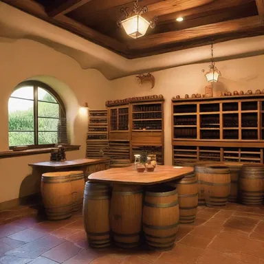 The vintner's shop had a rustic and charming design, with wine barrels used as tables for tasting.