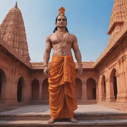 A realistic image of Lord Ram looking affectionately at the magnificent Ram Mandir.