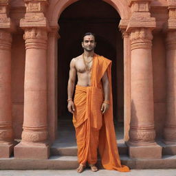 A realistic image of Lord Ram looking affectionately at the magnificent Ram Mandir.