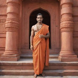 A realistic image of Lord Ram looking affectionately at the magnificent Ram Mandir.