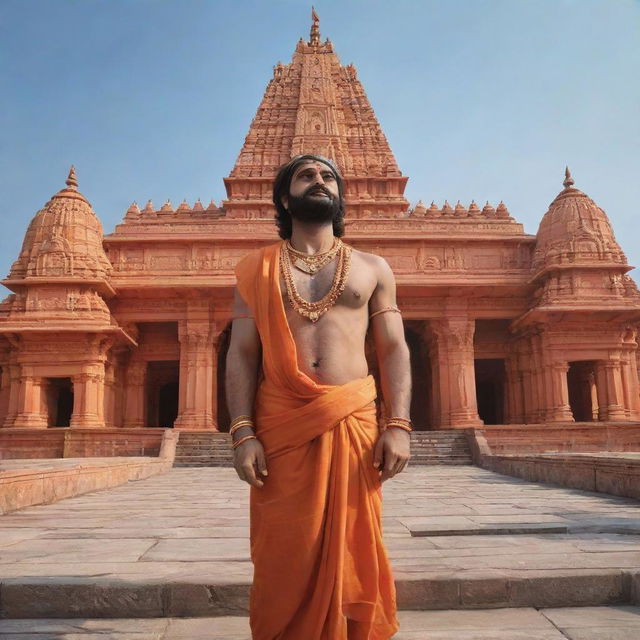 A realistic image of Lord Ram looking affectionately at the magnificent Ram Mandir.