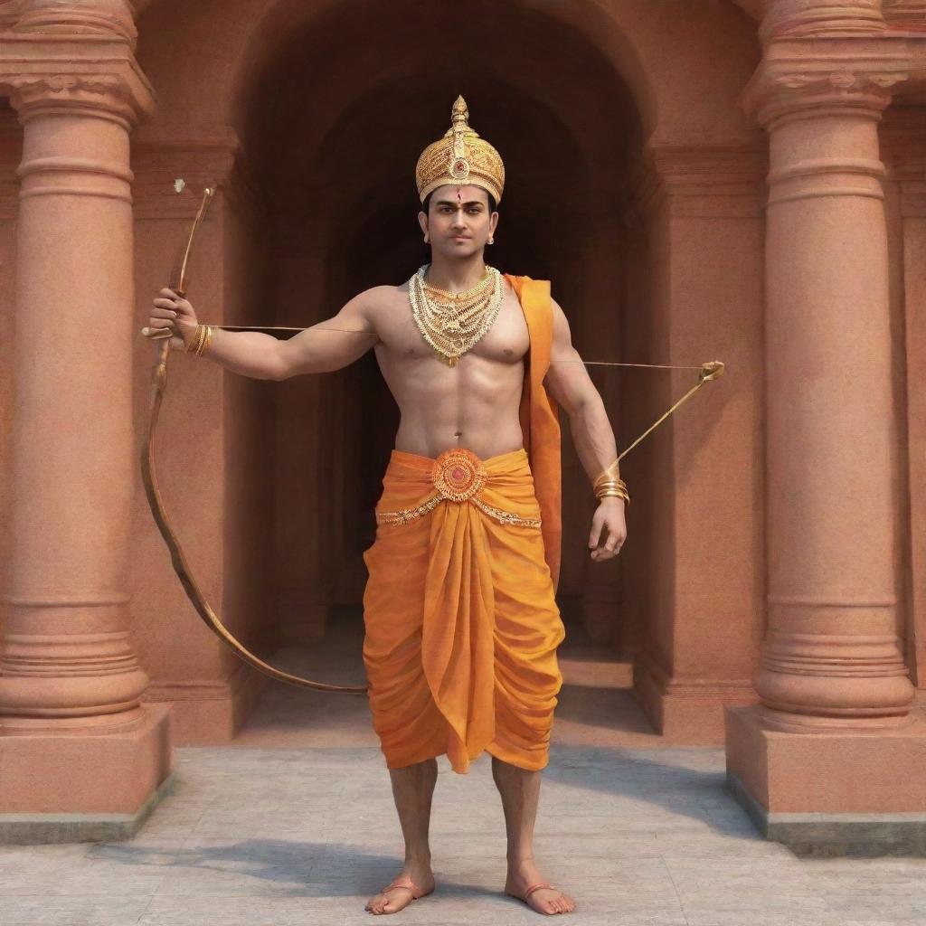 Generate a realistic image of Lord Ram, armed with his iconic bow and arrow, entering the grand Ram Mandir.