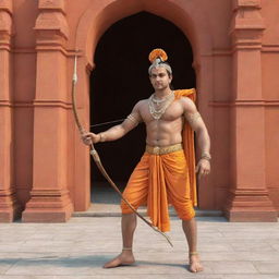 Generate a realistic image of Lord Ram, armed with his iconic bow and arrow, entering the grand Ram Mandir.