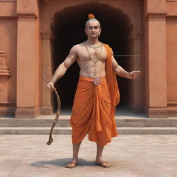 Generate a realistic image of Lord Ram, armed with his iconic bow and arrow, entering the grand Ram Mandir.