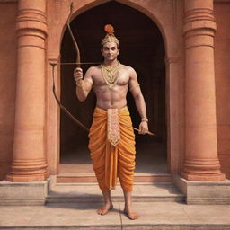 Generate a realistic image of Lord Ram, armed with his iconic bow and arrow, entering the grand Ram Mandir.